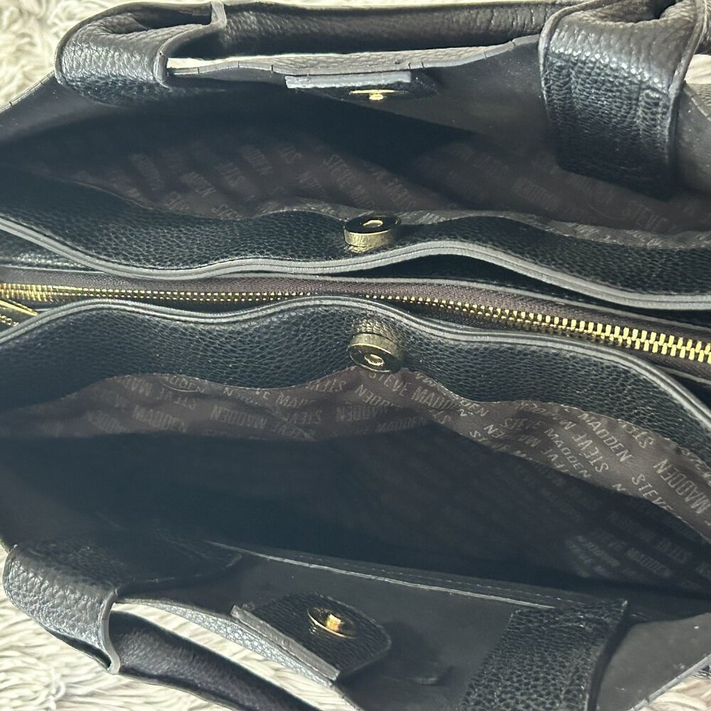 Steve Madden Black Faux Leather Laptop Tote, Gold Zip Front, Work Bag - Picture 8 of 10